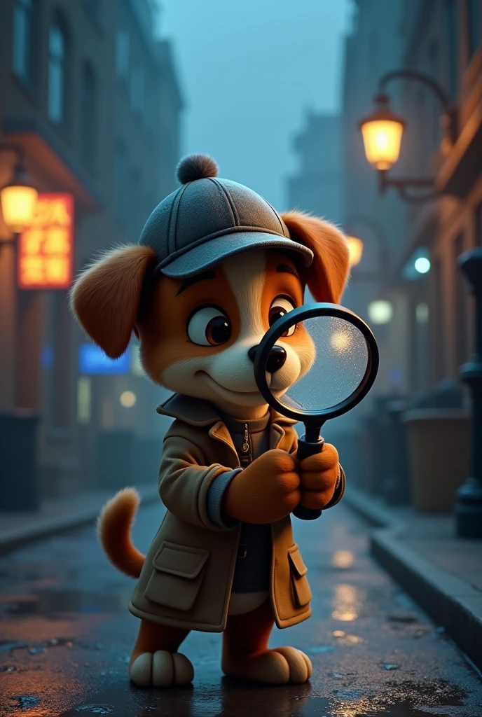 Create an animation of a detective puppy, using a magnifying glass