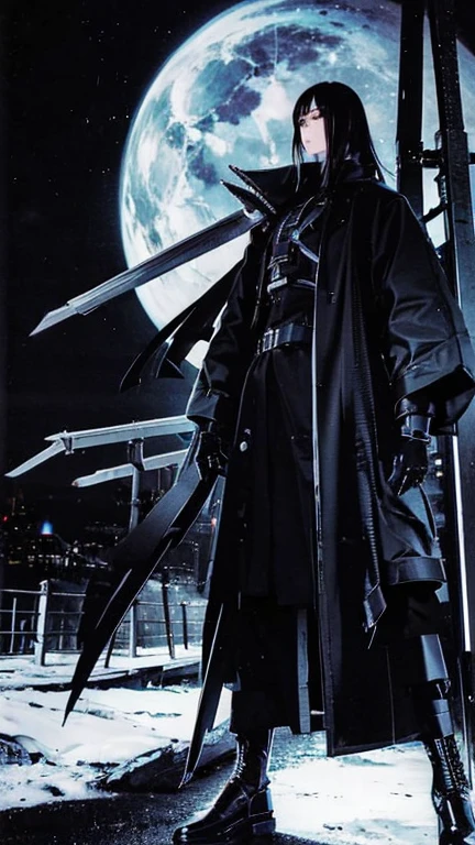 Black Hair、Cold look:1.5、Japanese woman in her 30s、Dark Background、One Cool Lady:1.5、night、whole photo、Dark Eyes、Black gloves、Ominous Machine Lifeform、Nihil、Half of his body is made of machinery、Mechanical Man:1.5、Modern clothing: