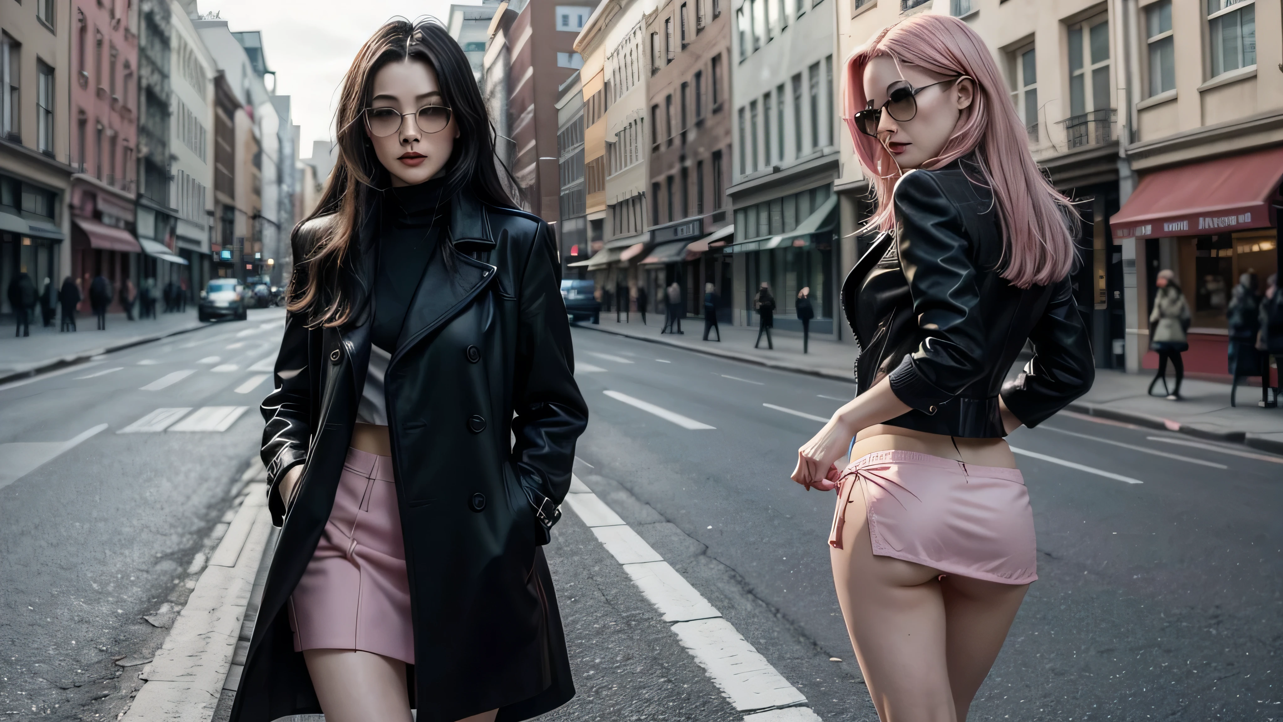 Trinity from Matrix walking down the street wearing a black overcoat and a very short mini skirt lifting with the wind blowing showing a bit of her pink thong under her skirt