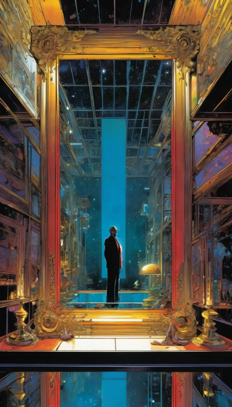 scenery, (no humans:1.5), (infinity mirror:1.5), (facing mirrors:1.5), opposite mirror, mirror in mirror, countless mirror, indoors, dark, horror (theme), (masterpiece), (best quality), (ultra-detailed), (hires), (illustration), art inspired by Bill Sienkiewicz and Dave McKean

