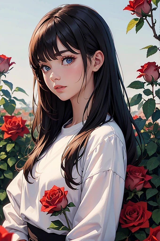 Girl surrounded by roses, upper body, colorful