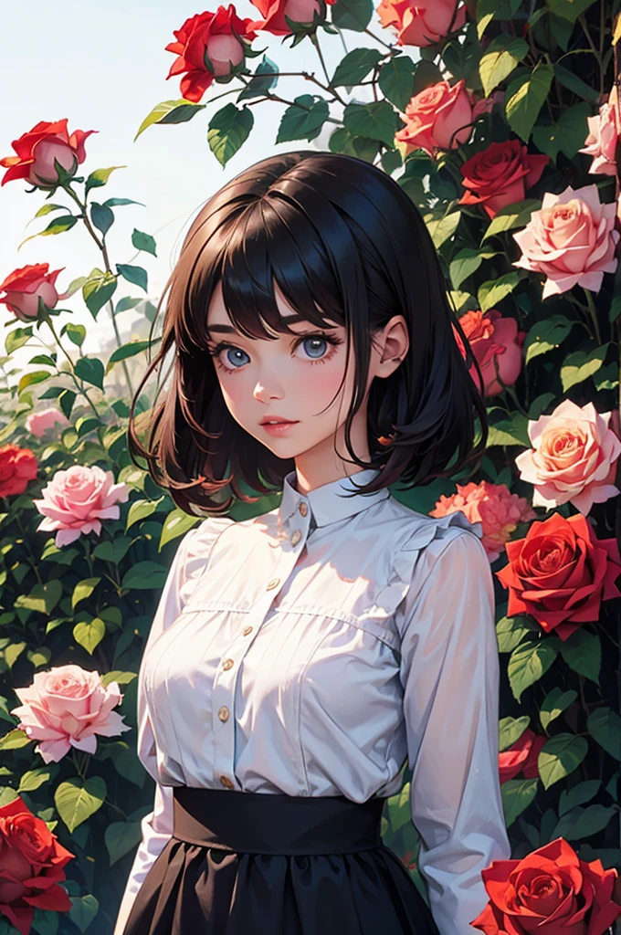 Girl surrounded by roses, upper body, colorful