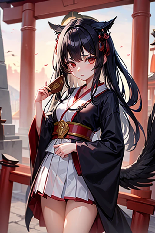 Girl, black hair, shrine maiden outfit, expressionless, night, torii gate, shrine, crow