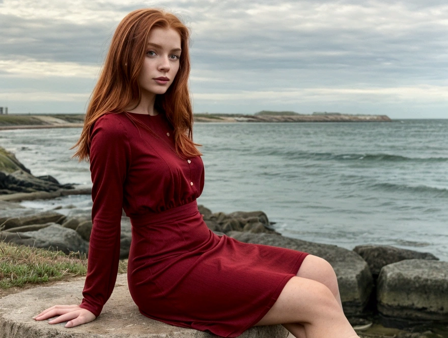 realistic young redhead woman wearing a short dark red dress with long sleeves sitting at a seaside landscape