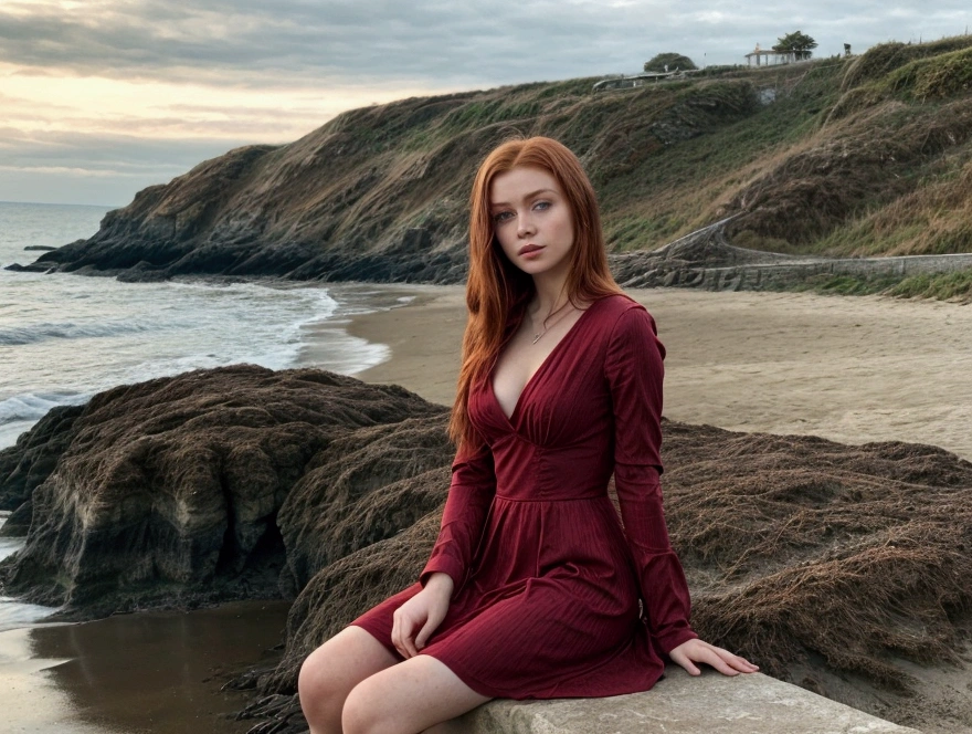 1girl, auburn tall ponytail, [yellow|green] eyes
, black pantyhose, red dress
, sitting, terrace, solar eclipse, , volumetric lighting, depth of field, cinematic shot, vibrant, detailed, dramatic light, <lora:hand 4:1>