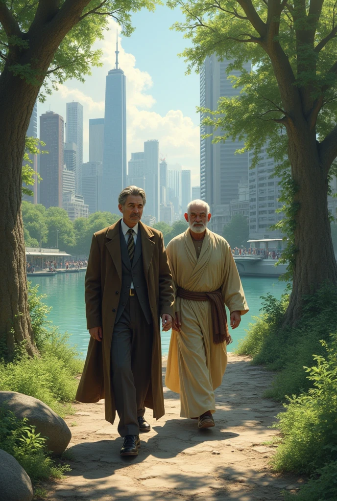 An old wisdomic man leading a rich man from the city to a riverbank