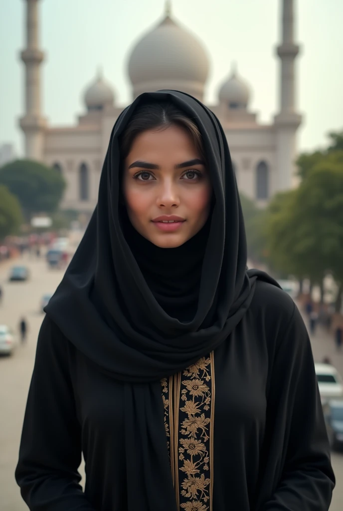 A beautiful Pakistani girl wearing traditional black dress and wearing hijab standing in islamabad Pakistan 