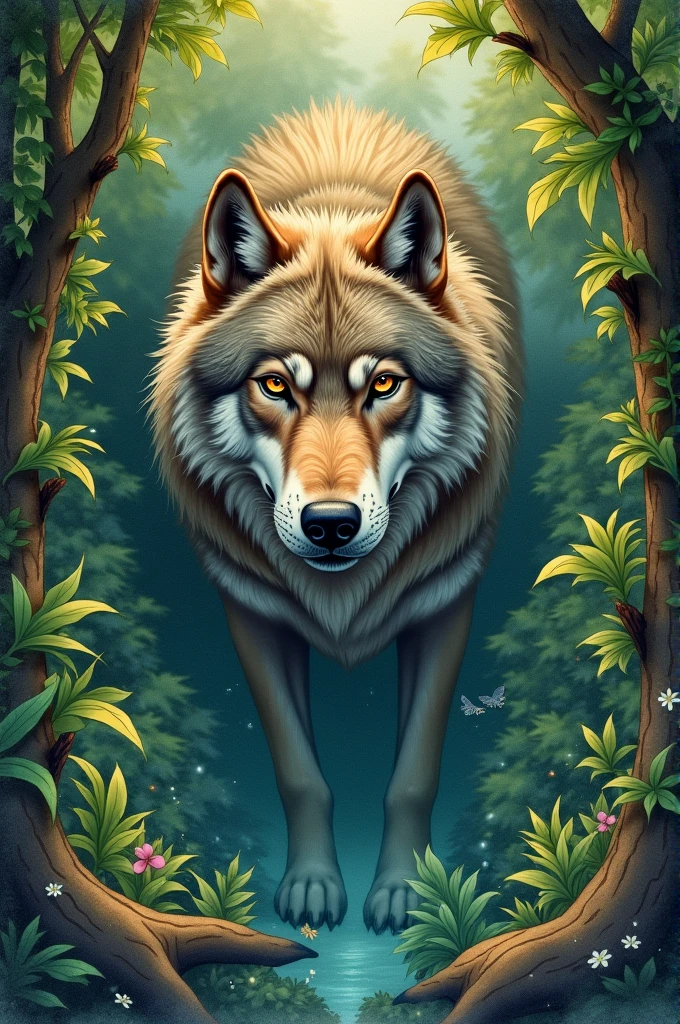 colorhalf00d,, top-down view of a big wolf, wolf half forest, watercolor style