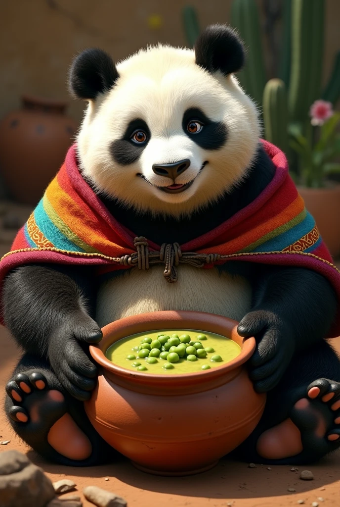Draw a semi-realistic panda with a smile and a determined look. I want him to wear a native and colorful poncho. I want him to be eating a repe (Typical pea and avocado soup) in a clay pot.
