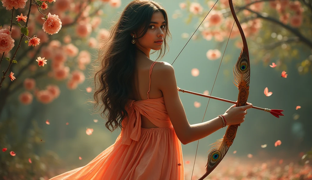 A Kerala girl in a silk dress and skirt, flowers are falling in the background, a bow and arrow with a bloody bow made of peacock feathers.with 8k clarity