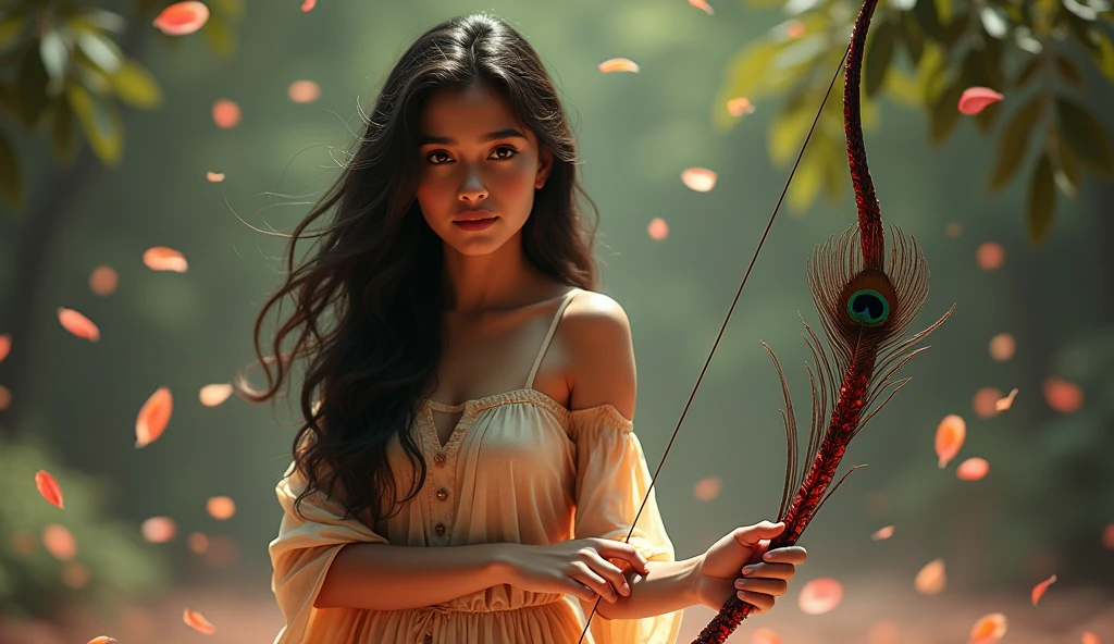 A Kerala girl in a silk dress and skirt, flowers are falling in the background, a bow and arrow with a bloody bow made of peacock feathers.with 8k clarity