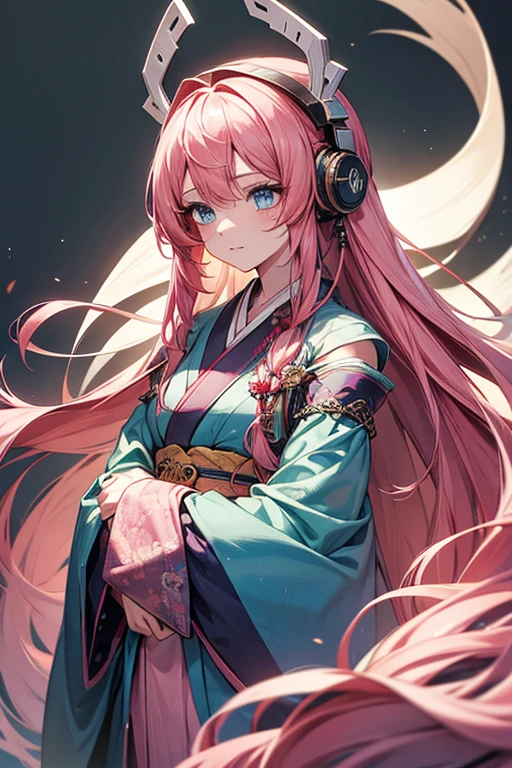 masterpiece, Highest quality,lacas-bk, One girl, alone, Long Hair, Pink Hair, very Long Hair, blue eyes, hair ornaments, kimono, Removable sleeves, Headphones