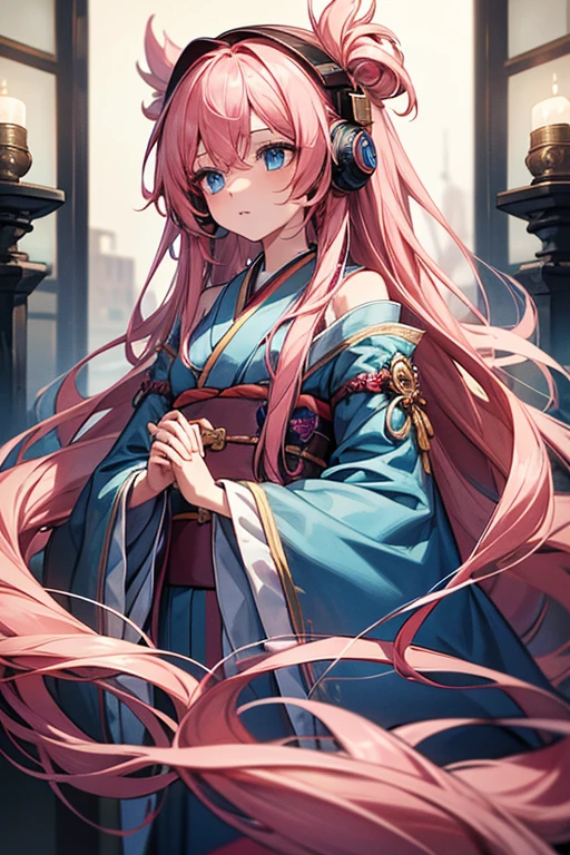 masterpiece, Highest quality,lacas-bk, One girl, alone, Long Hair, Pink Hair, very Long Hair, blue eyes, hair ornaments, kimono, Removable sleeves, Headphones