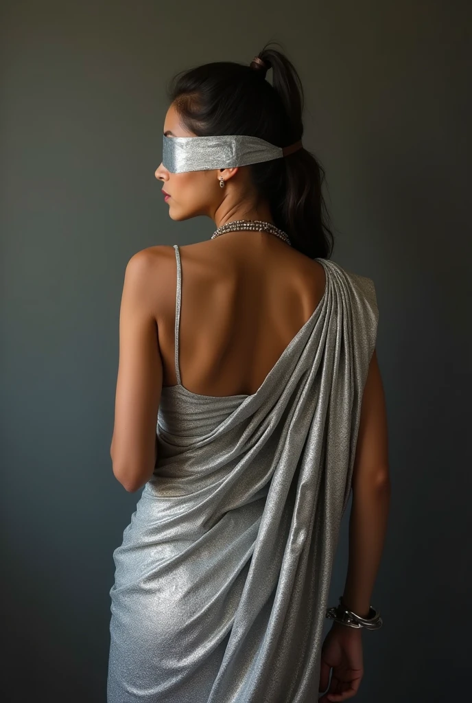 girl blindfolded duct tape gagged in silver sparkling saree and handcuffed tied behind the back and tape gagged backside view