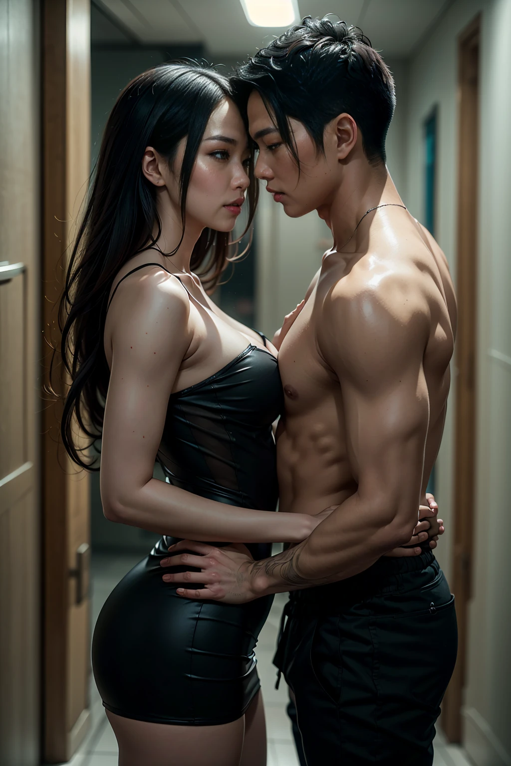 there are two people standing in a hallway together, roberto ferri and ruan jia, elegant seducing pose, by Jason Chan, ruan jia and brom, wlop and ross tran, jin shan and ross tran, elegant posed, shot with canon eoa 6 d mark ii, in style of kar wai wong, asian, tyler edlin and natasha tan
