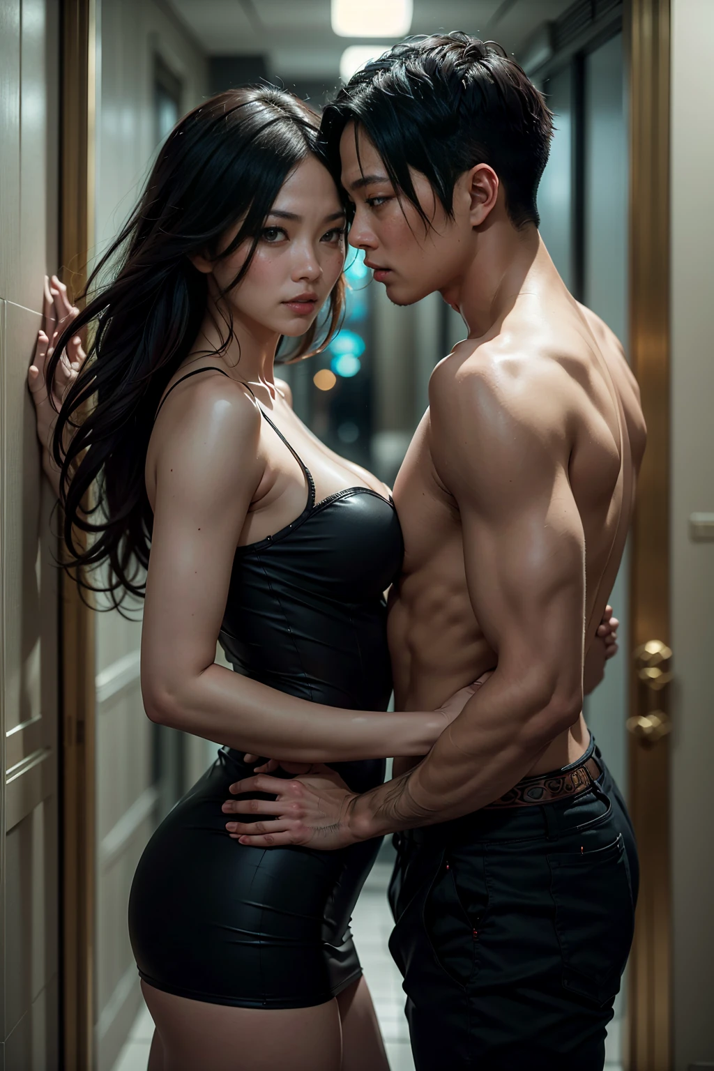 there are two people standing in a hallway together, roberto ferri and ruan jia, elegant seducing pose, by Jason Chan, ruan jia and brom, wlop and ross tran, jin shan and ross tran, elegant posed, shot with canon eoa 6 d mark ii, in style of kar wai wong, asian, tyler edlin and natasha tan