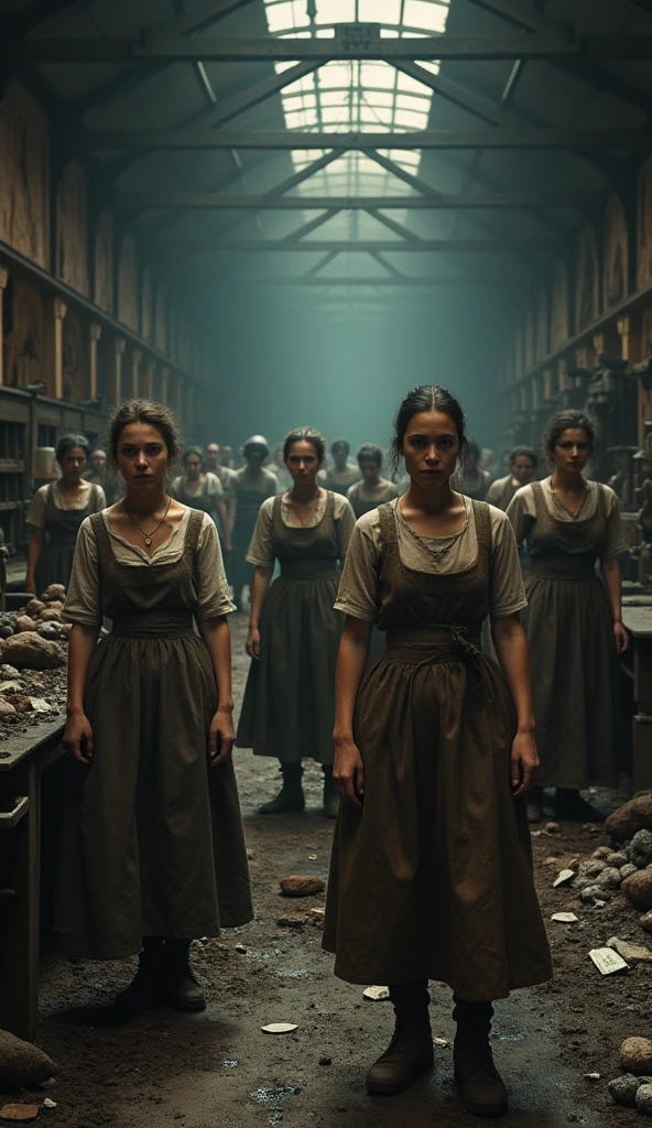 A group of female factory workers - tired and dirty, late 19th century - wearing worn-out dresses and aprons, in a dimly lit factory with exposed wooden beams and piles of hazardous white phosphorus - working with grim expressions as they handle toxic materials - background includes machinery and scattered equipment - medium shot, photo realism, cinematography.