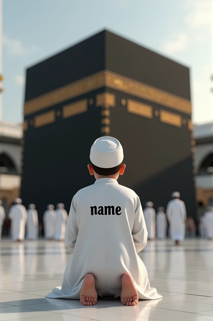 A 3d realistic 20-year-old boy is sitting from the back in front of the Kaaba and he is praying. He is wearing white clothes with a cap, and the name "NAME" is written on the back.art