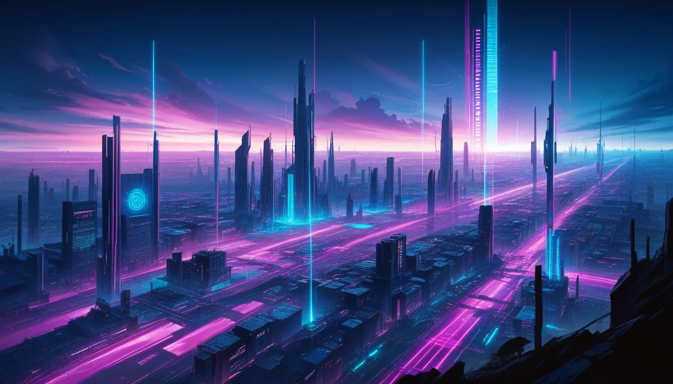 (masterpiece, top quality, Best Quality, official art, beautiful and aesthetic:1.2),(blue purple neon lighting), (vibrant glow), dynamic colors, striking contrast, futuristic atmosphere, Electric power,reflective surfaces,(urban landscape:1.3),8k,official wallpaper, (cyberpunk:1.2) ,future
