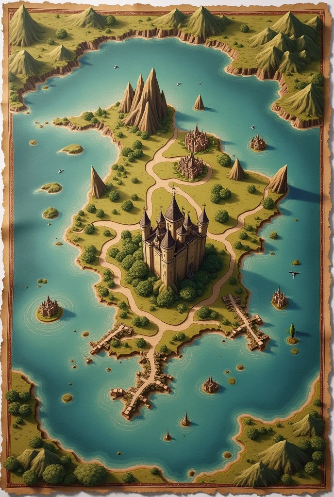 Generate a paper map of a fictional ancient continent with several small cities separated by forests, lakes and mountains and with a dense forest area to the west, A large castle in the center of the map and surrounded by the ocean