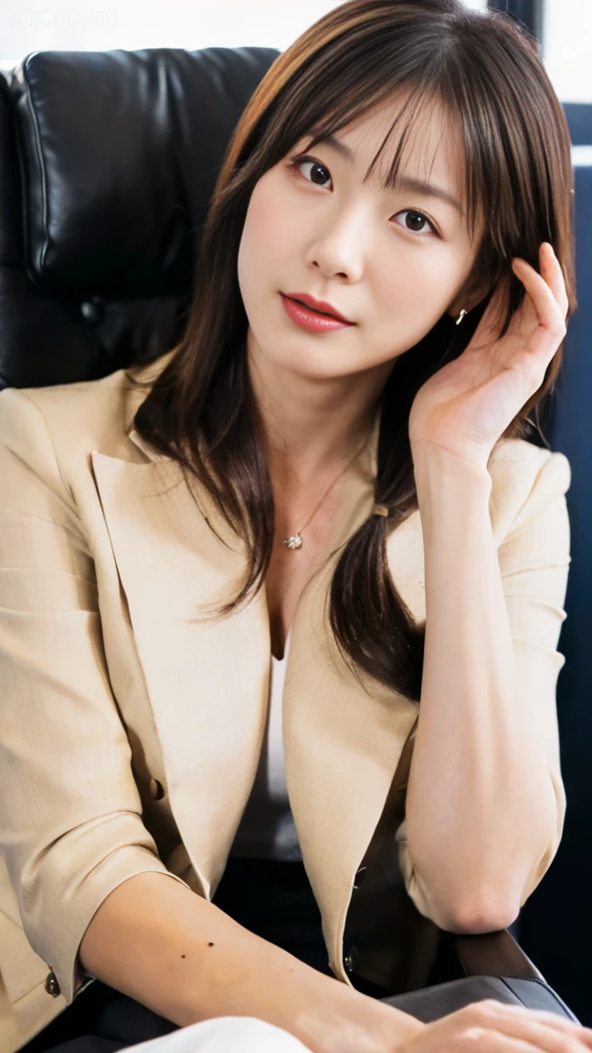 (top-quality, 16K, ​masterpiece:1.3), (ultra detailed), (masterpiece), (best quality), Highest quality, Realistic, surreal, Highest quality, Extremely detailed CG, Very delicate, 16K wallpaper, High resolution, A female manager working for a top company, 3, ((face, mole, beauty mark:1.3)), ((UNTITLED business suits:1.2)), ((A very simple necklace)), Japanese office with large windows, ((sitting in an office chair)), Japanese, slender body, very detailed, detailed fingers, detailed hands, detailed eyes, detailed legs, accurate and perfect human anatomy, real human skin, BREAK ((upper body:1.5)), ((look into the viewer's eyes:1.5)), ((looking at viewer:1.5)), ((Front view:1.5)), ((from front:1.5)),