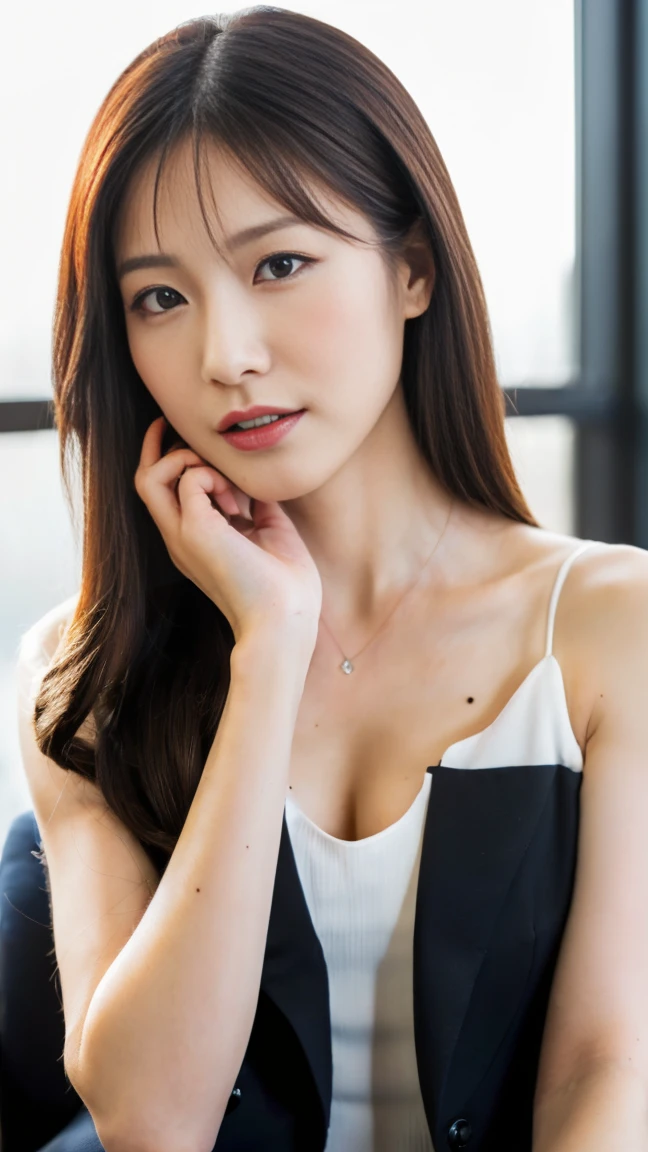 (top-quality, 16K, masterpiece:1.3), (ultra detailed), (masterpiece), (best quality), Highest quality, Realistic, surreal, Highest quality, Extremely detailed CG, Very delicate, 16K wallpaper, High resolution, A female manager working for a top company, 3, ((face, mole, beauty mark:1.3)), ((UNTITLED business suits:1.2)), ((A very simple necklace)), Japanese office with large windows, ((sitting in an office chair)), Japanese, slender body, very detailed, detailed fingers, detailed hands, detailed eyes, detailed legs, accurate and perfect human anatomy, real human skin, BREAK ((upper body:1.5)), ((look into the viewer's eyes:1.5)), ((looking at viewer:1.5)), ((Front view:1.5)), ((from front:1.5)),