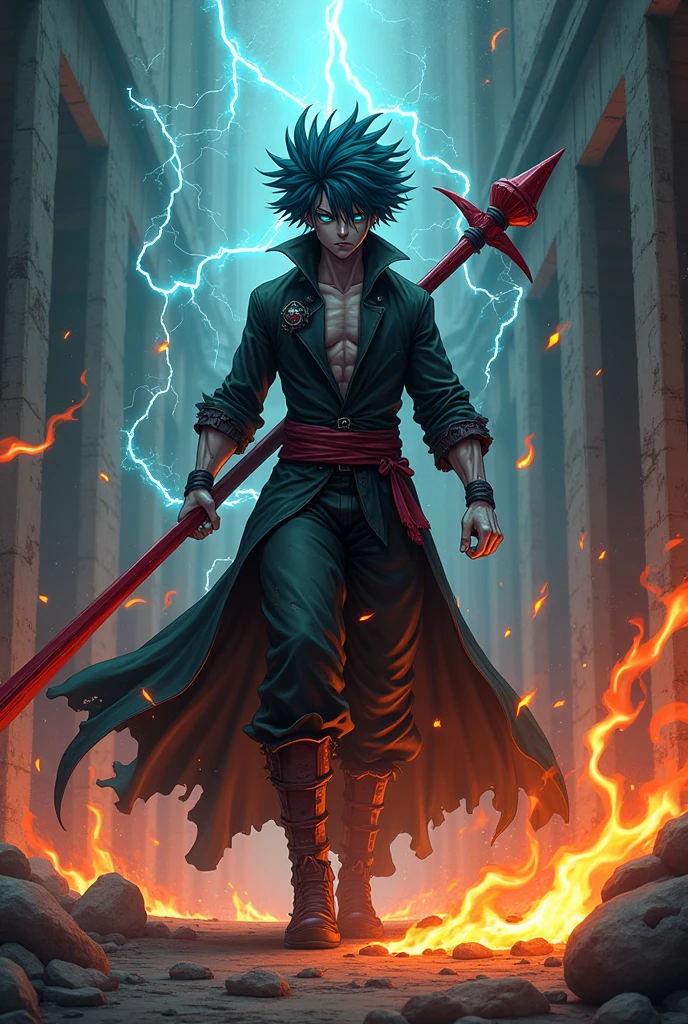   I want to create a fire mage that ressemble my hero academia Dabi. he should use black flames with lightning. make him ti shoot fireball at a wall.
make him to be running with a red spear at his back. same image standing with the spear in his hand