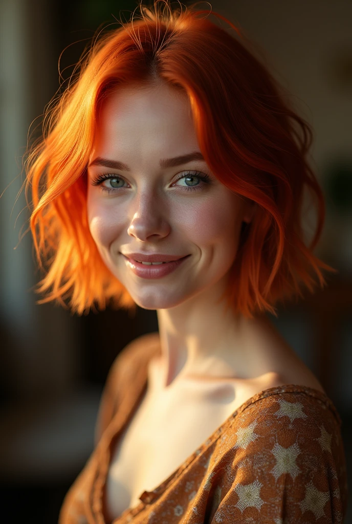 Une femme rousse, d'une beauté captivante, se tient devant l'objectif avec une confiance naturelle. Ses cheveux, coupés au carré avec une précision élégante, encadrent son visage avec une touche moderne et sophistiquée. La couleur de ses cheveux, d'un rouge éclatant, brille sous la lumière, ajoutant une vivacité remarquable à son apparence.
Son sourire est radieux et sincère, avec ses lèvres légèrement retroussées dans une expression à la fois charmante et assurée. Ses yeux, pleins de vie et de malice, captent la lumière de manière à accentuer leur éclat et leur profondeur. La lumière douce qui éclaire son visage met en valeur ses traits avec une chaleur flatteuse, soulignant la douceur de son teint et la vivacité de ses cheveux.
Elle porte une tenue simple mais élégante, peut-être un haut ou une robe qui complète son look sans le dominer. La pose est naturelle, avec une posture qui reflète à la fois la confiance et le plaisir d'être photographiée. L'ensemble de la scène est baigné dans une lumière douce qui accentue la beauté naturelle de la femme rousse, rendant son sourire encore plus envoûtant et mémorable.