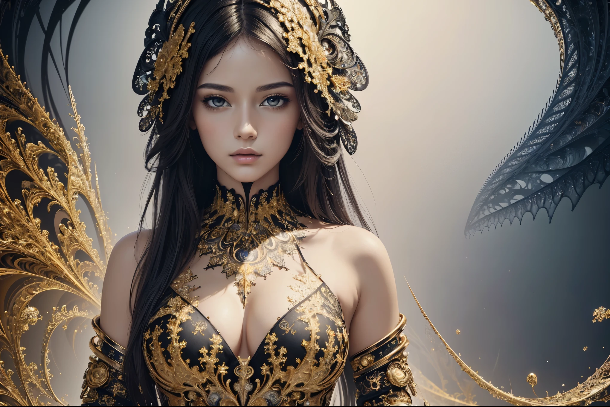 (masterpiece, top quality, best quality, official art, beautiful and aesthetic:1.2), (1girl),upper body, extreme detailed,(fractal art:1.3),colorful,highest detailed, nsfw, black white and gold colours
