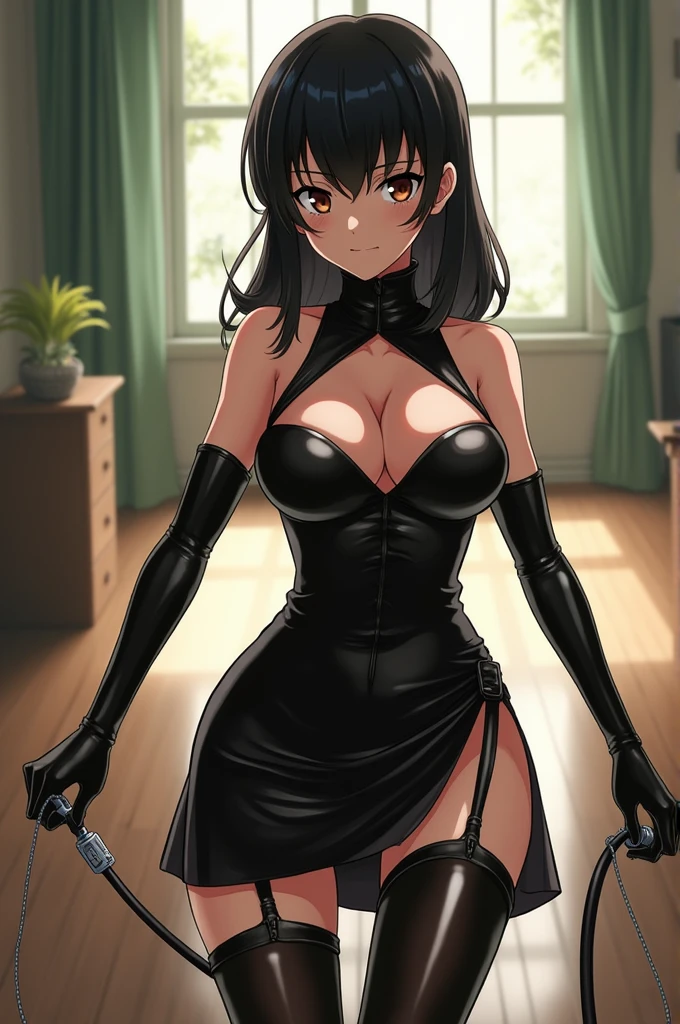 nagatoro_hayase, ijiranaide_nagatoro-san, 1girl, black_hair, brown_eyes, 
Nagatoro_hayase wearing latex_lolita_dress,


(Elbow_gloves), (Focus on gloves), showing off gloves, teasing using gloves, peaceful_smile, slender, tights, Stiletto, holding a whip,