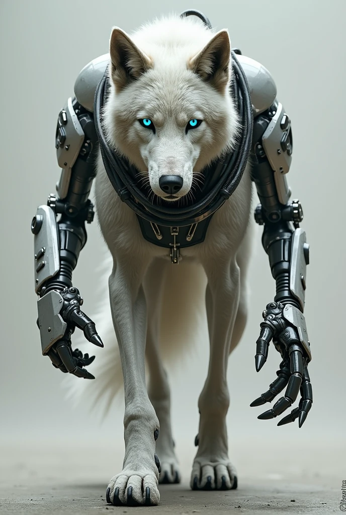 Wild wolf is changed into a machine like wolf having hand drill like and totally report like image create with the realistic resolution a wolf is full body builted image 

