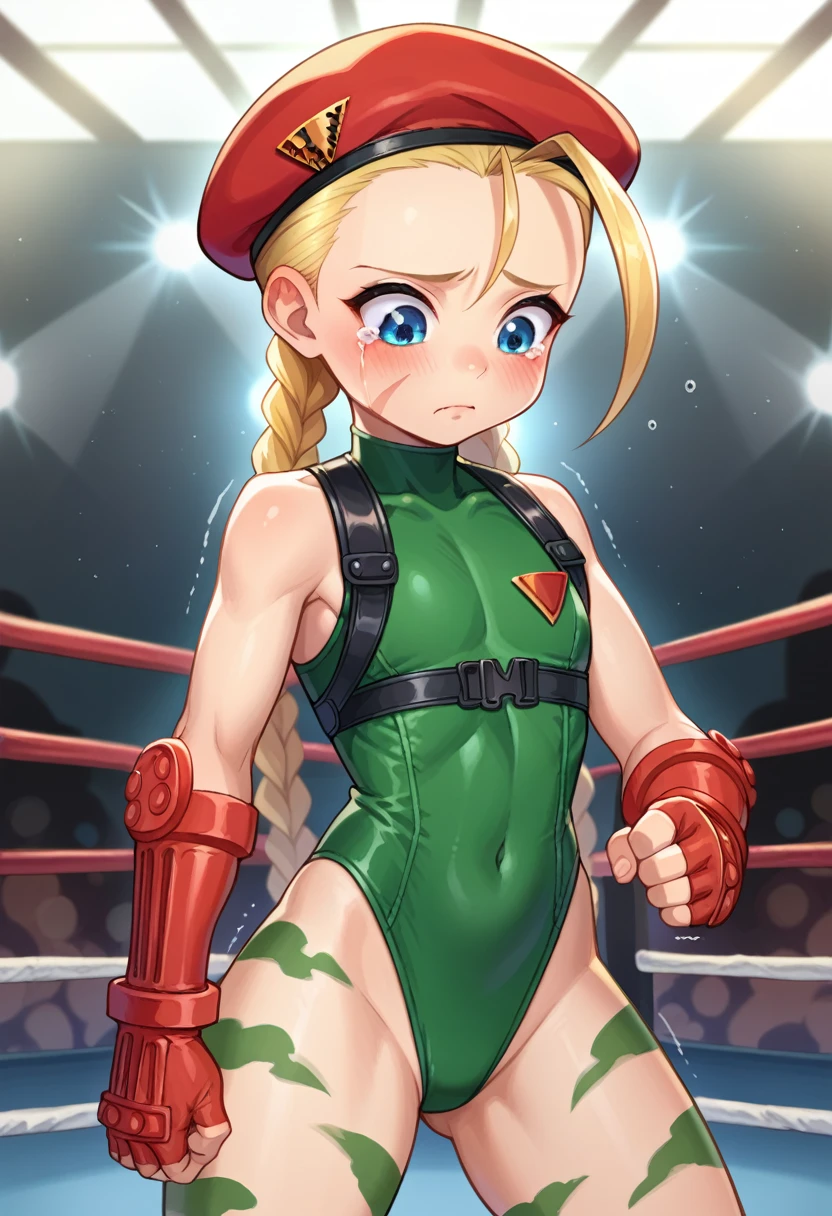 score_9, score_8_up, score_7_up, 1girl, solo, (loli:1.5), kid, flat chest, CammyWhiteSFXL, scar on cheek, blue eyes, blonde hair, long hair, twin braids, antenna hair, camouflage, red beret, bare shoulders, green leotard, black harness, red gloves, fingerless gloves, standing, sad, crying, blushing, shaking, looking down, fighting ring,