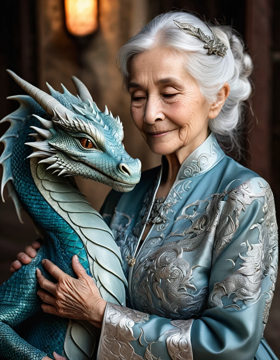A serene and tender scene featuring an elderly woman with silver hair lovingly embracing a small dragon. The dragon has a textured, scaly skin with intricate details, and they are both enveloped in a soft, warm light. The woman’s attire is ornate and detailed, with an air of wisdom and grace, as she holds the dragon close, creating an intimate and heartwarming moment.