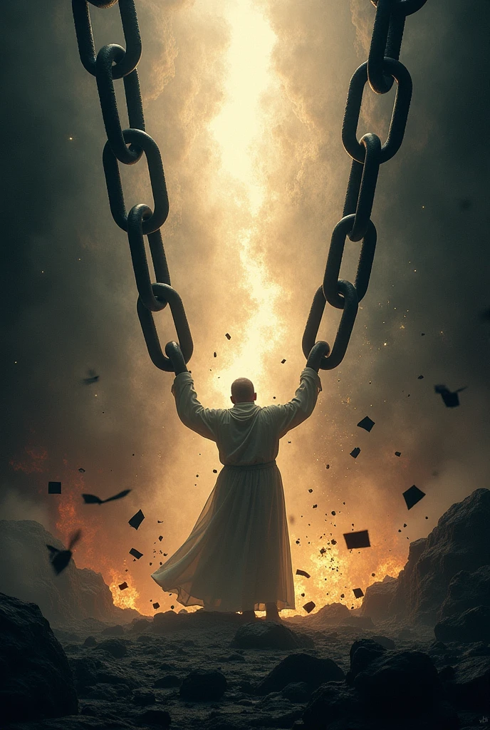 Creates an image of breaking large, thick and robust chains, bright in a spiritual world and dark background darkness and evil shadows.