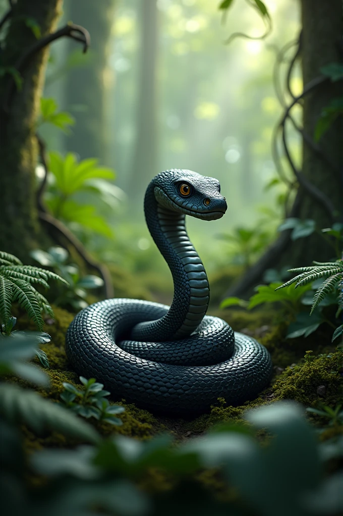 Small snake with big head dark with closed mouth in the jungle