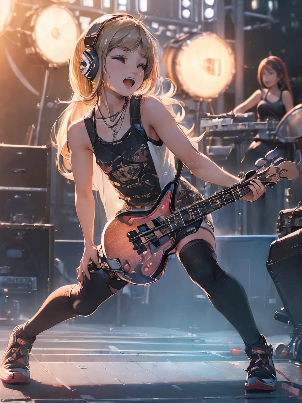 (Finely drawn in detail:1.8), (ultra quality:1.8), (ultra detailed:1.8), (ultra masterpiece), (32k), (high resolution), beautiful, magnificent, fantastic, Gorgeous, Majestic, charismatic, stylish
BREAK
(long shot:1.8), (wide shot:1.6)
BREAK
girls, (Girls Rock band:1.8), on stage
BREAK
(outdoor music festival:1.8), midsummer, sunny weather, (hot sunshine:1.4), scattering sweat, (Glistening sweat)
BREAK
(Precisely drawn guitar:1.8), (precisely drawn bass:1.8), (precisely drawn drums:1.8), photorealism, highly detailed