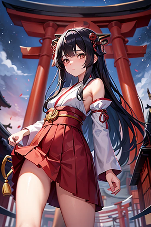 18 yeas old, girl, black hair, long hair, slim, big tits, narrow red eyes, cute, cat ears, (embarrassed, blush:1.1), (smiling:1.3), (narrow eyes:1.1), sailor uniform, See-through, ribbon, fishnet, garter belt, frills, Kneesocks, high heels, blue rose, headdress, frontal, standing, spread legs, crowd, centet of attention, japanese umbrella, Japanese temple,