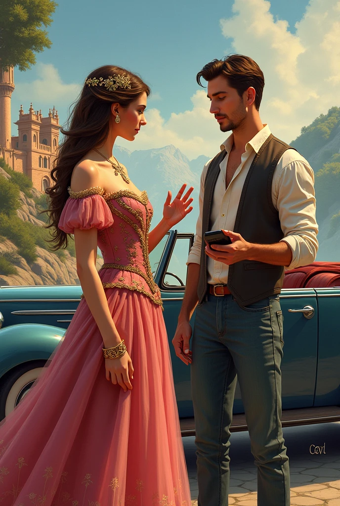 Create for me the cover of my book A Princess in Turkey. Put the title in Brazilian Portuguese and my name as the author Kelly Ramos. Add a building in the background to the cover of the book, a convertible car, a princess dressed in dresses from around 1910 with a magic ring in her hand, and a man dressed in casual clothes. A handsome, masculine man holding a cell phone talking in his ear. Make the image as human as possible, very realistic.