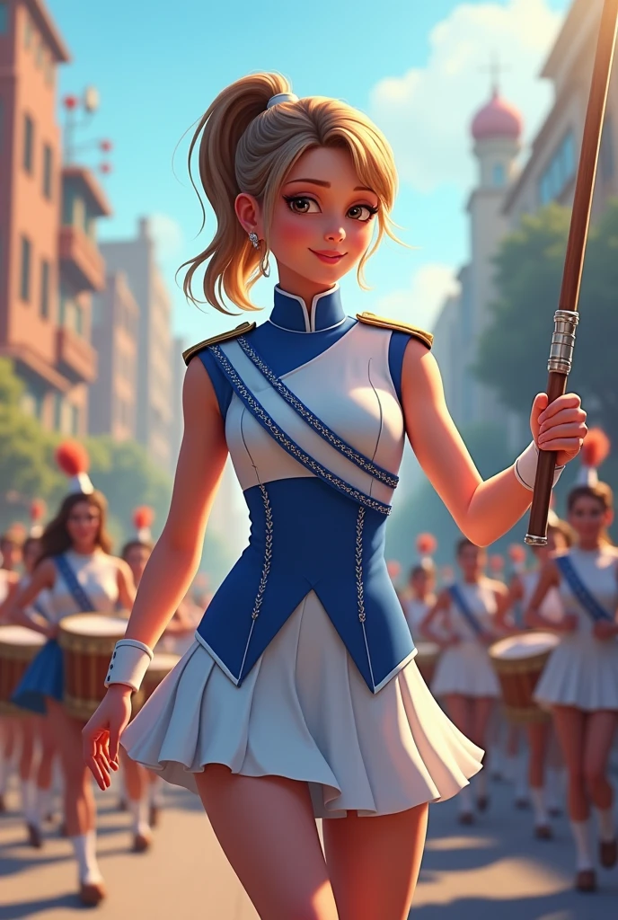 Teenage female drum majorette wearing drum band uniform (wearing a white and blue drumband uniform and skirt)leading the carnival drum band procession while holding a long stick Looks more human
