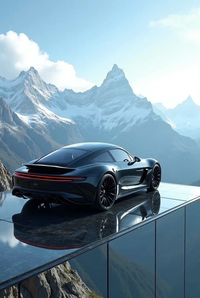 Black car on roof , where mountain in glass port.nice view