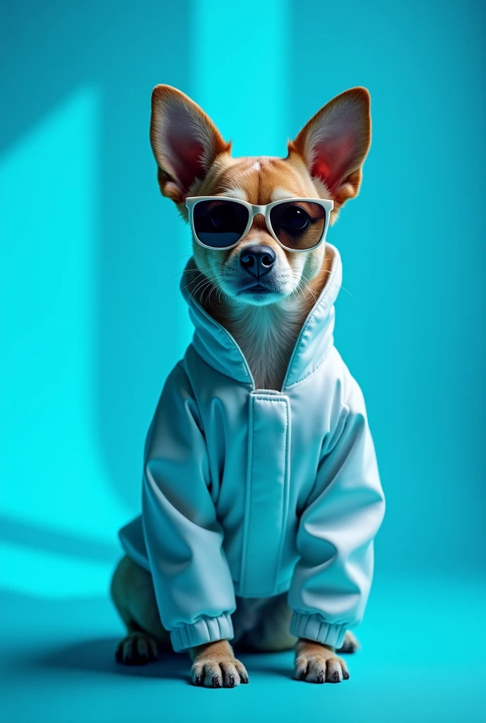 The best cell phone wallpaper, Award-Winning Wallpaper, portrait photography, In the front view is a portrait of a cute dog wearing mid-1960s space age fashion, Side view photo, Shot with Canon EOS R5, Set a strong contrast that accentuates the subject, Fluorescent blue tone, Wearing a very modern coat and sunglasses is a modern 1960s style, Clothes all in one color, beautiful background