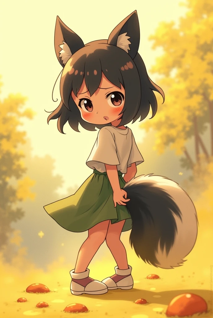 1 Human Girl、anime、animeチック、Skunk Ears、Skunk's Tail、child、Yellow mist sprays from skirt、Embarrassing、Fart、solo、Turn your back、Eating sweet potatoes