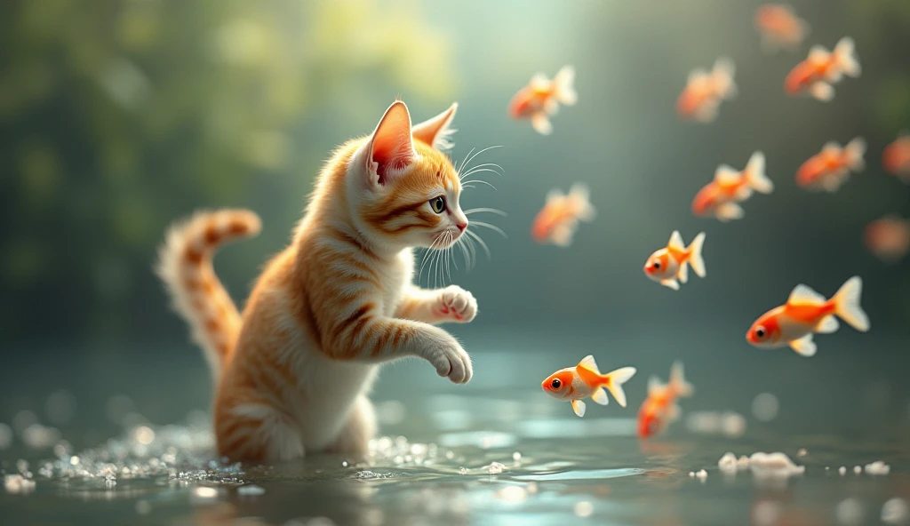 (photorealism:1.2),a lonely cat playing happily with small fish