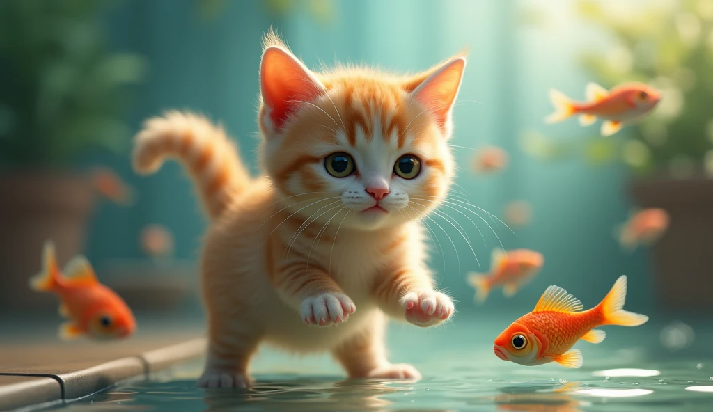 (photorealism:1.2),a lonely cat playing happily with small fish