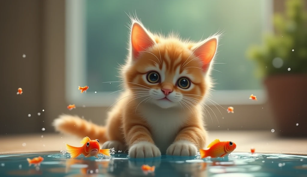 (photorealism:1.2),a lonely cat playing happily with small fish