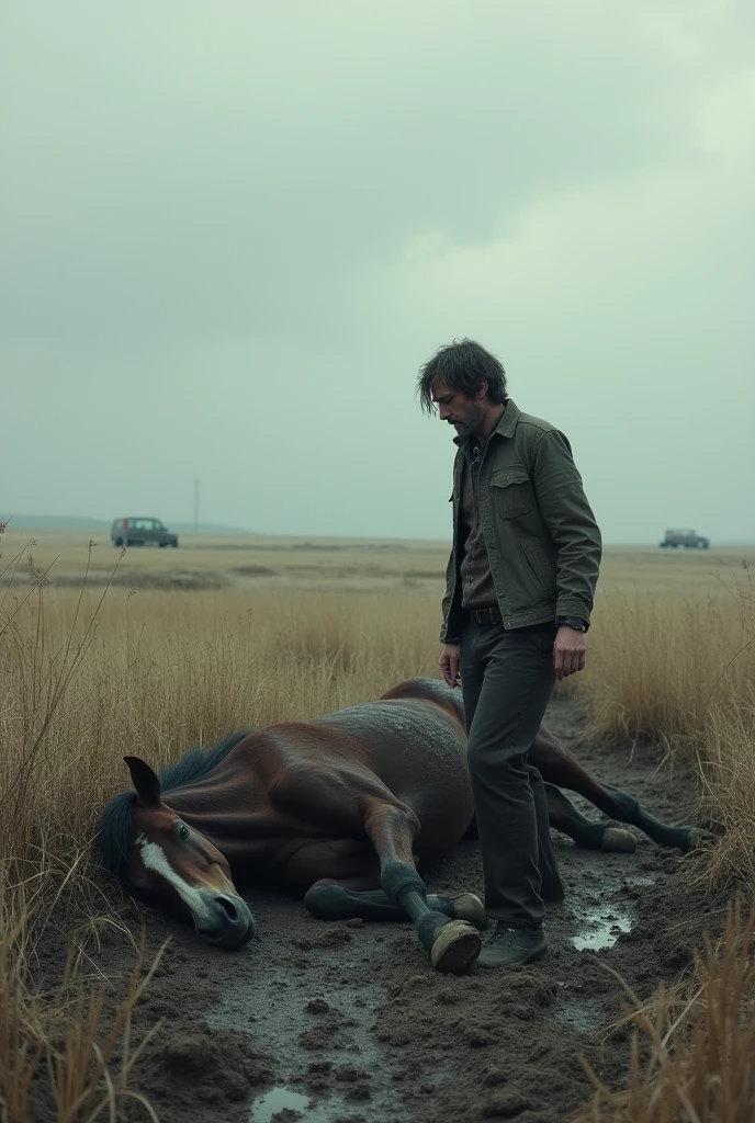 A man is walking and finds a dead horse lying in the mud.