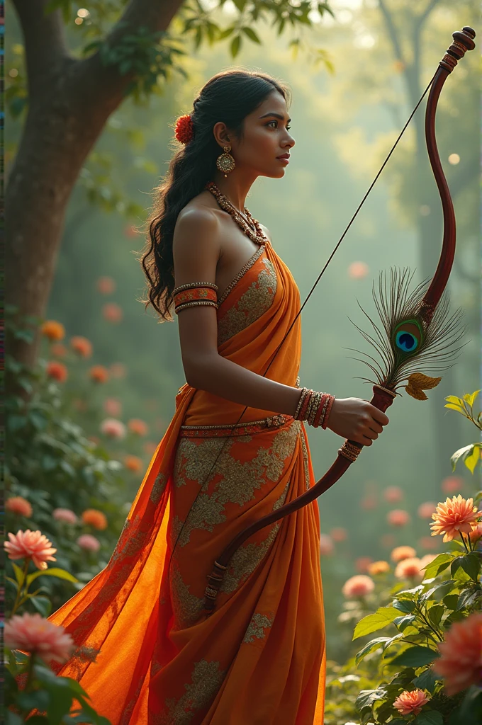 A Kerala girl in a silk dress and skirt, flowers are falling in the background, a bow and arrow with a bloody bow made of peacock feathers. With 8k clarity