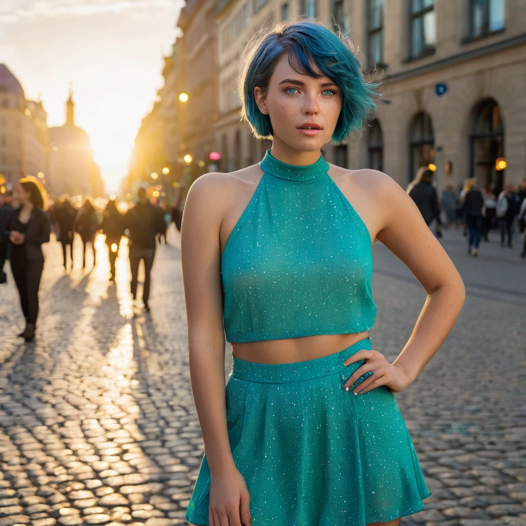 (((Woman, 20 Years Old, Nordic Ethnicity, short blue hair, perfect face, light freckles, Blue-Green Eyes))), (((standing confidently in a bustling city square in Leipzig at sunset, full body visible))). ((Wearing a chic, fashionable outfit, with a look of excitement and wonder on her face, as she takes in her new surroundings)). ((Her outfit slightly tousled by a soft breeze)). (((Sunset lighting casting a warm, golden glow on her entire figure, creating long shadows on the cobblestone square))). (Background includes iconic Leipzig architecture, street lamps, and lively people, all bathed in the warm light of the setting sun). (((Color palette - turquoise, neon green, yellow shades))), (best quality, 8k, masterpiece, ultra-detailed, photorealistic, sunset lighting, sharp focus, full body).