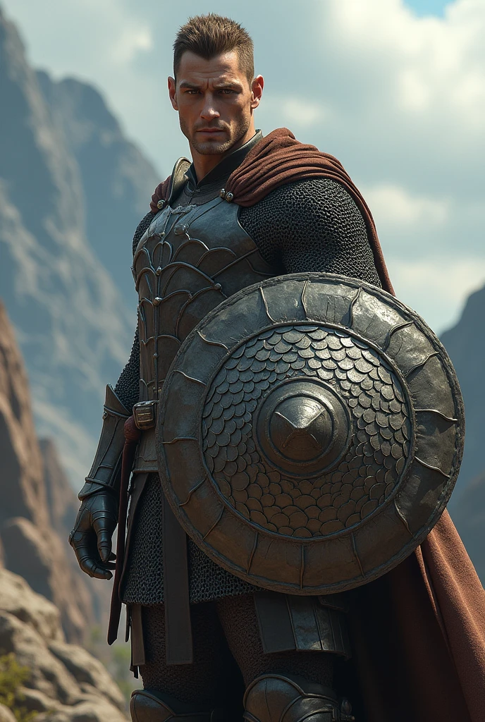 Strong man with light brown hair and dark brown eyes, wearing chainmail and holding a dragon scale shield 
