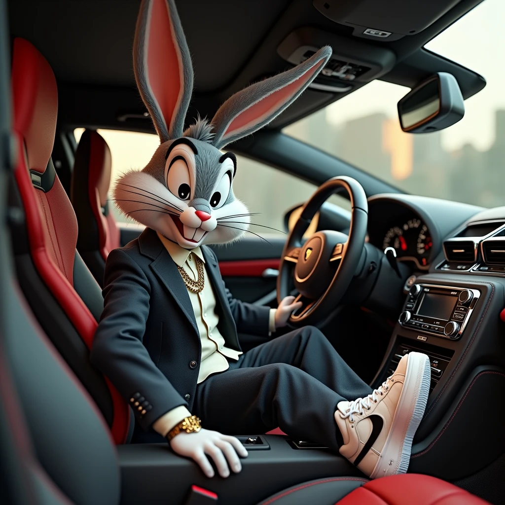 (photorealism:1.2) bugz bunny in a pair of air force one and designer clothing in a lamborgine